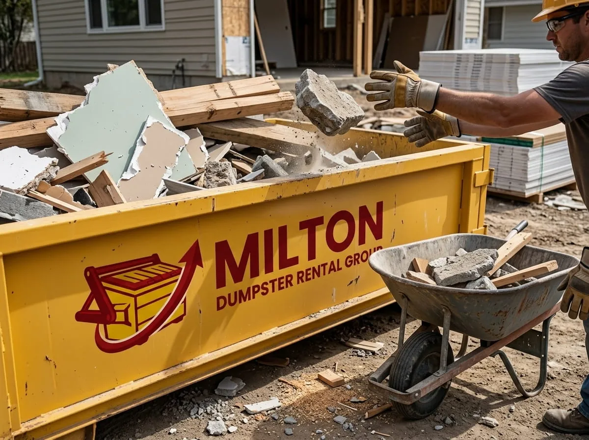 Close-up of drywall, timber and a wheelbarrow beside a roll-off container