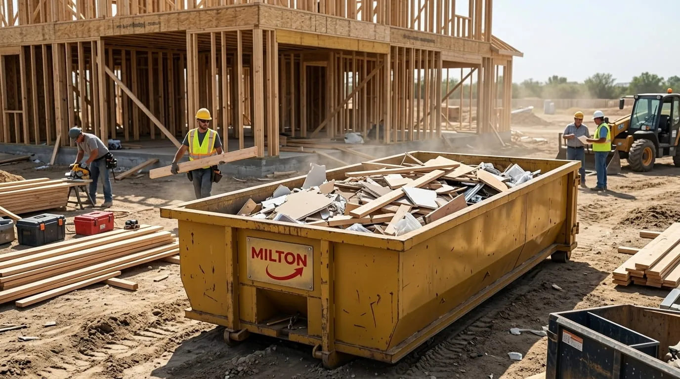 Roll-off container of construction debris at a framing site Roll-off container of construction debris at a framing site