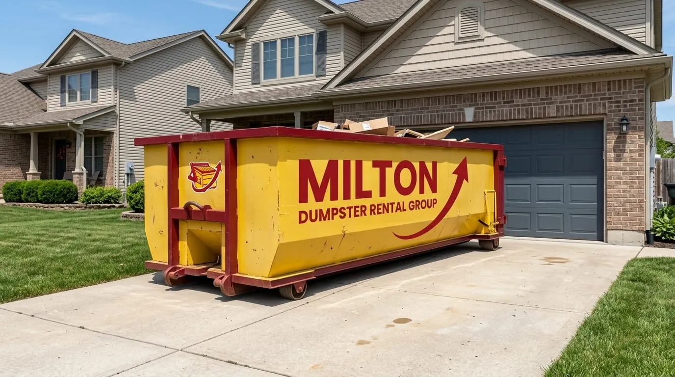 Roll-off container placed on a residential driveway