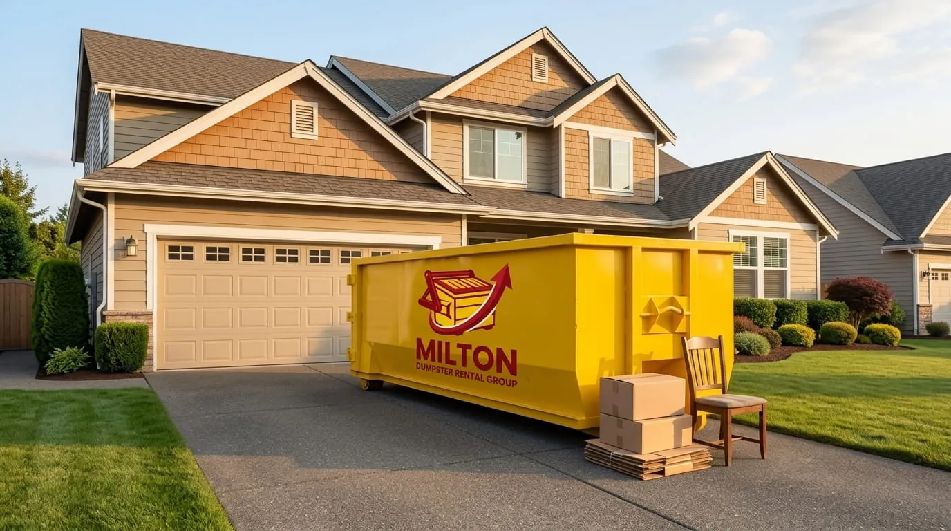 Roll-off dumpster on a residential driveway with household items alongside