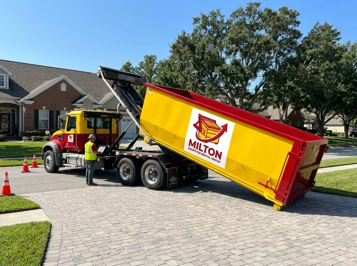 Milton Dumpster Rental Group truck setting a roll-off container down with cones out