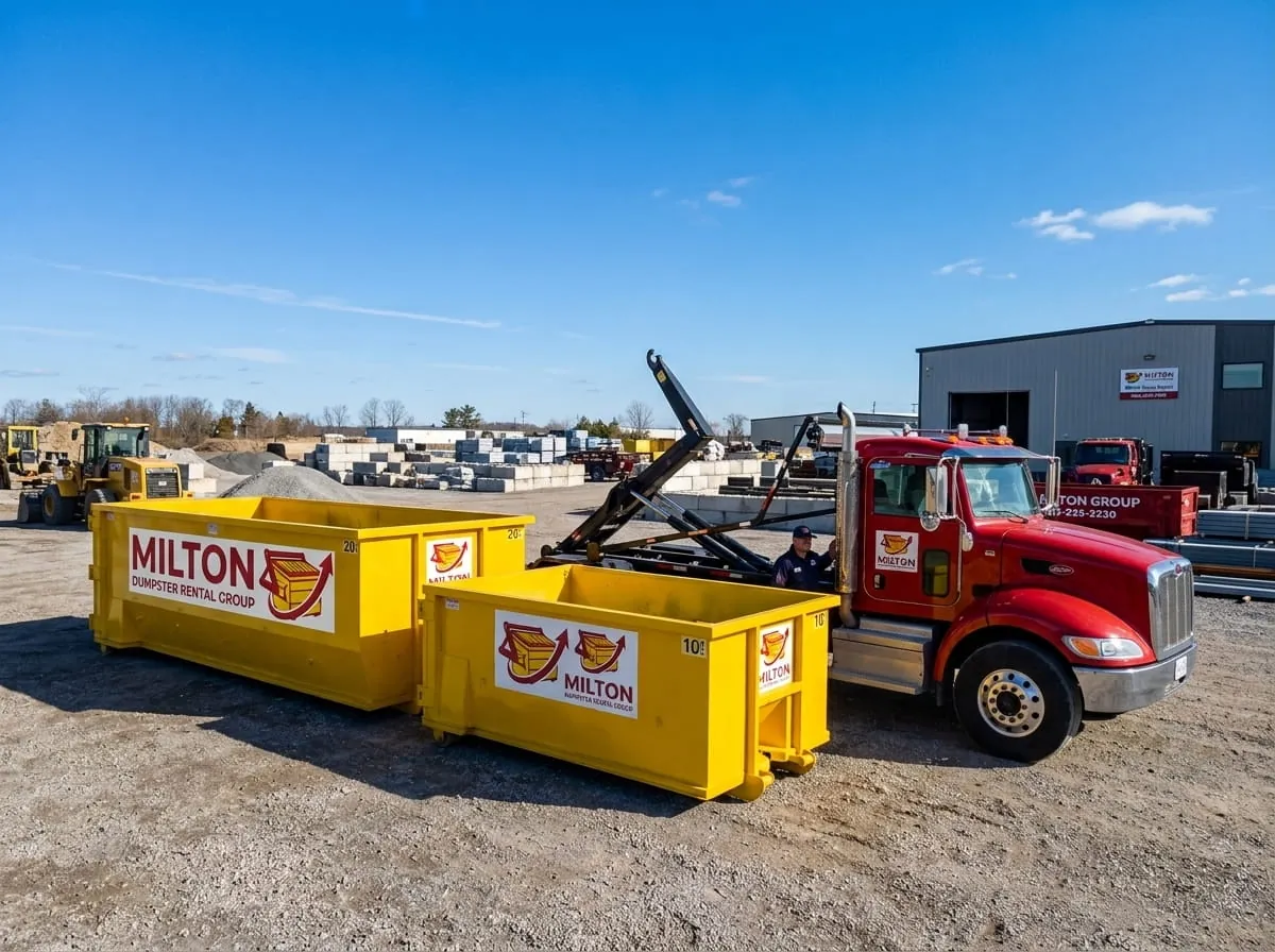 Roll-off containers and truck at a materials yard