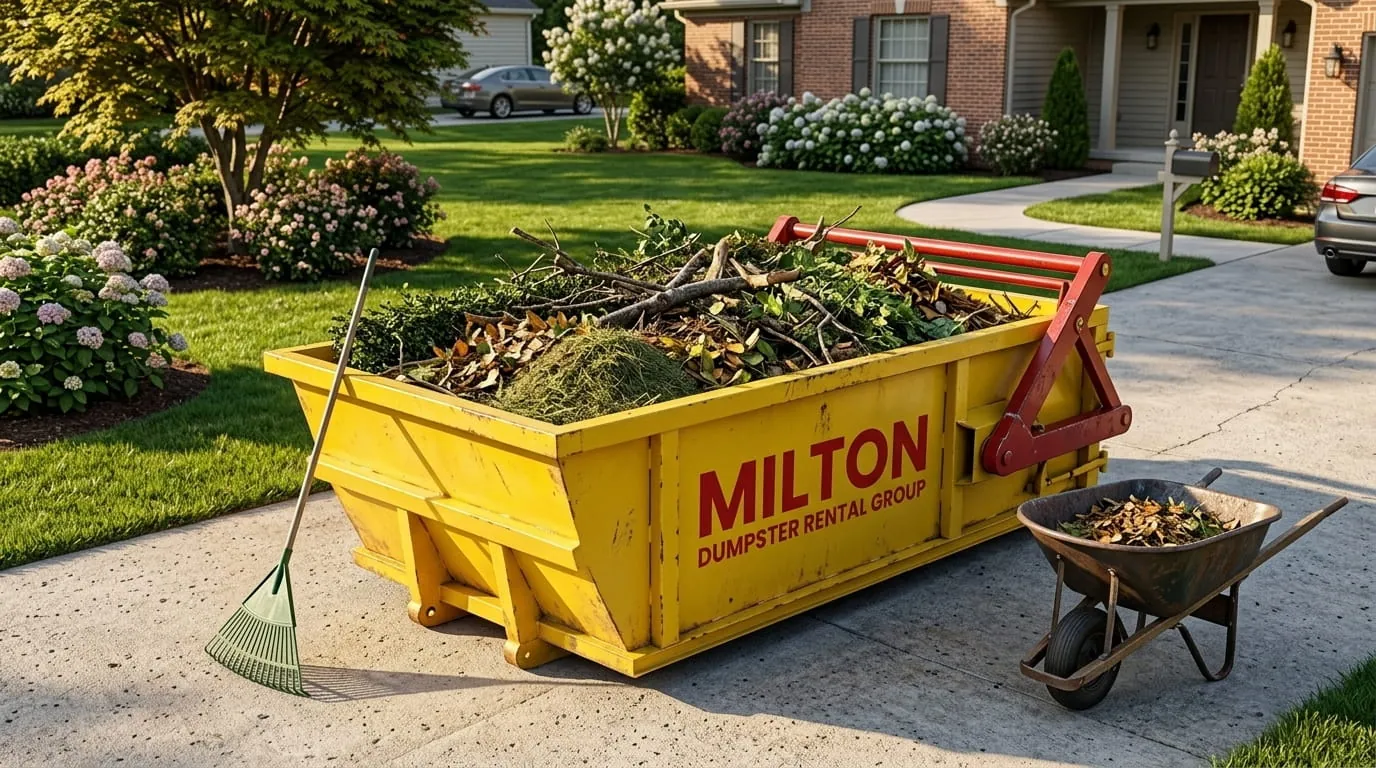 Roll-off container of brush and yard trash with a barrow and rake
